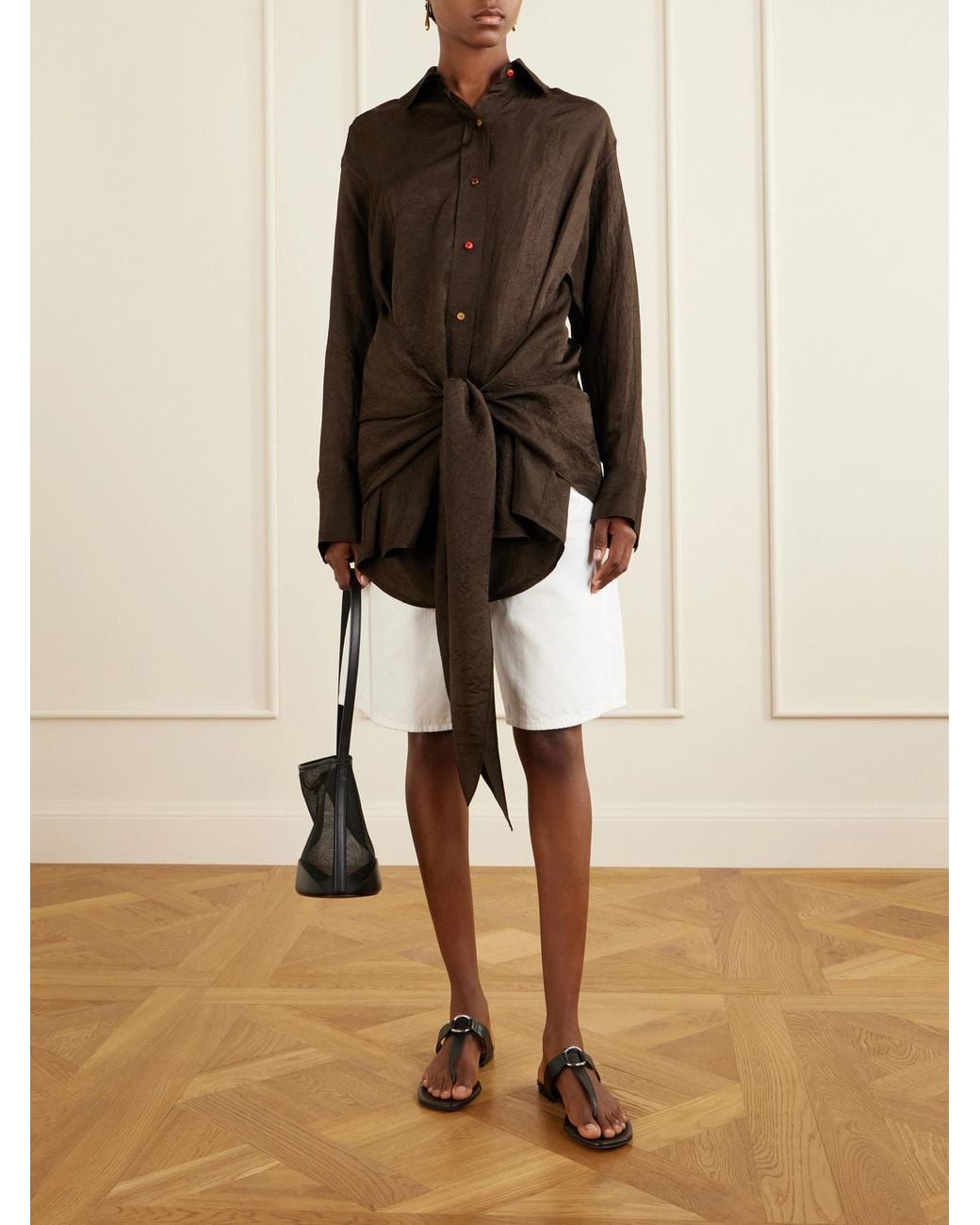 OSSOU Brown Arroyo Knotted Crinkled-Satin Shirt