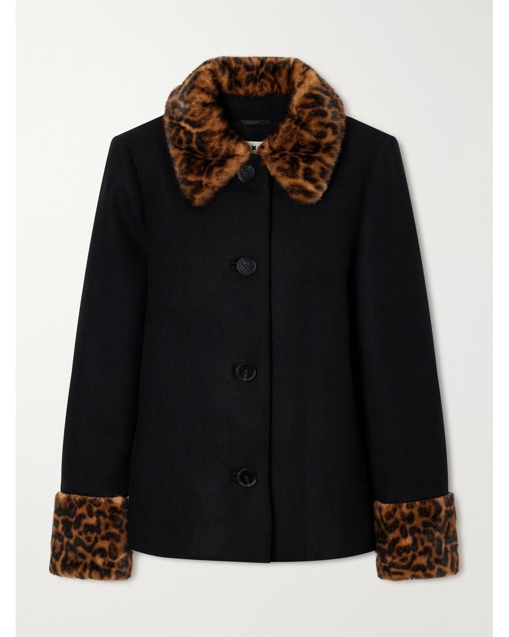 Rixo Black Aldith Leopard Plush-Trimmed Melton Wool-Blend Jacket