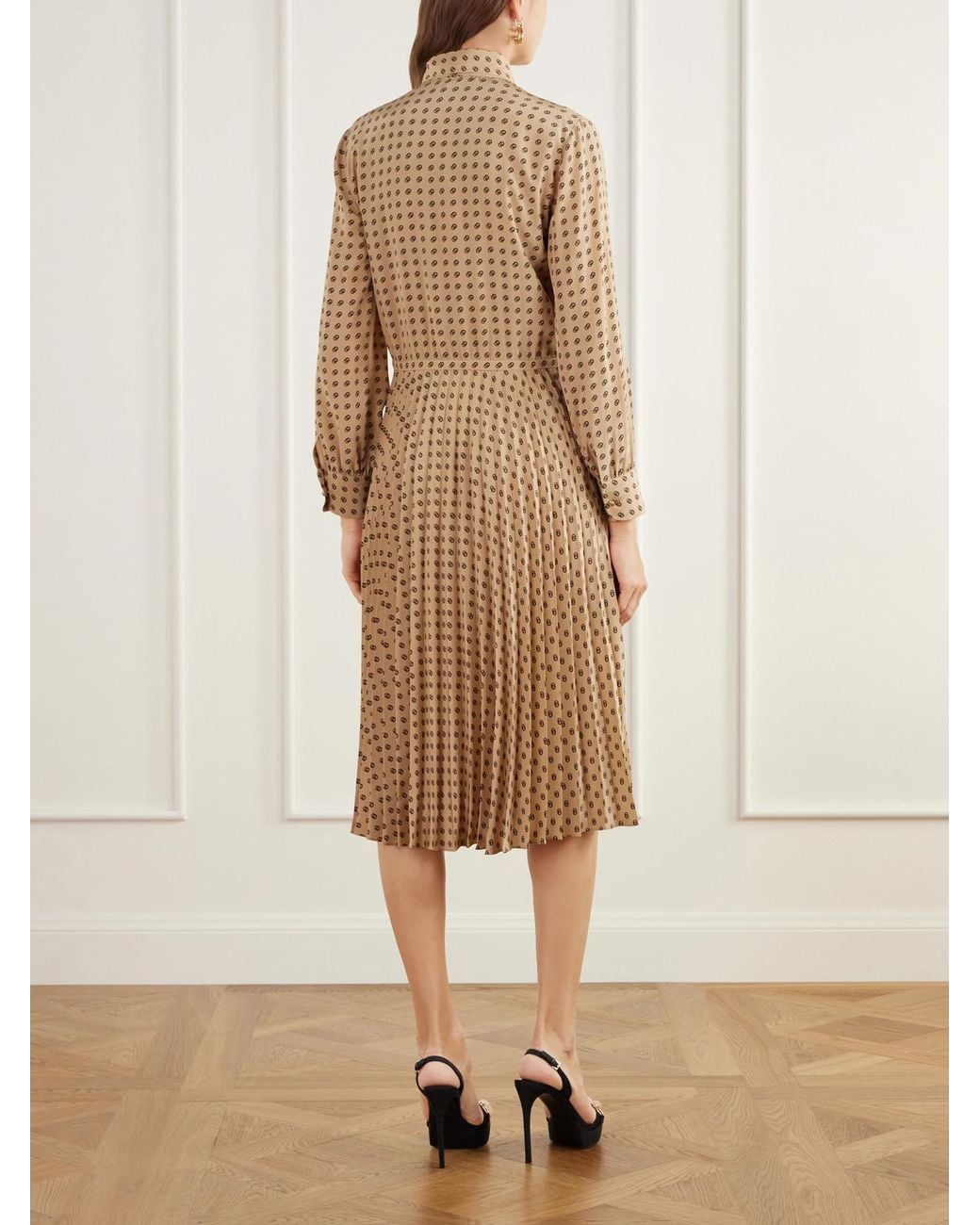 Gucci Natural Pussy-Bow Pleated Logo-Print Silk-Satin Midi Dress