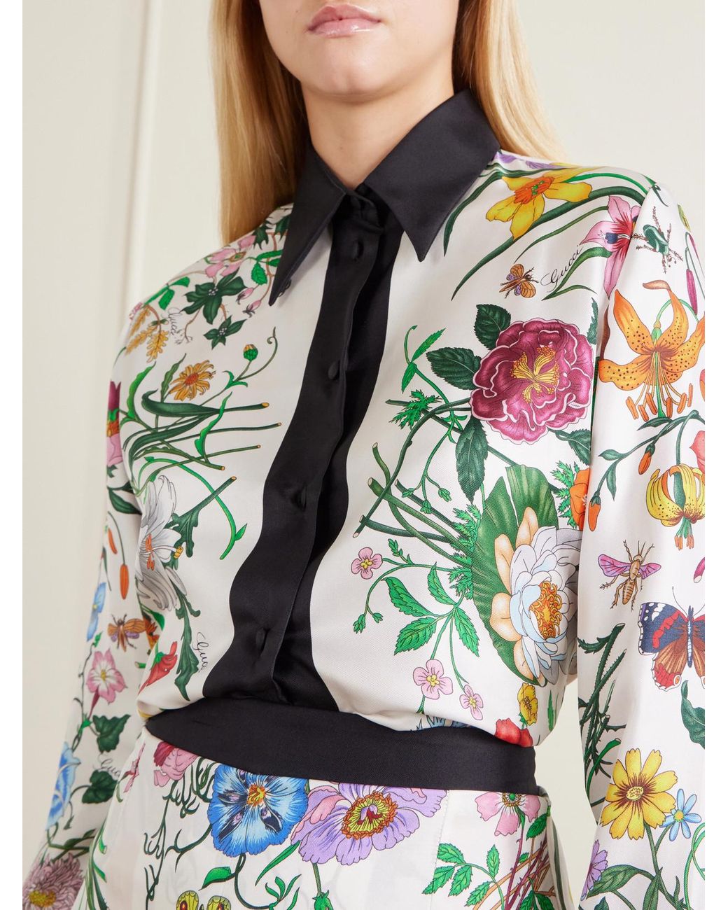Gucci White Floral Place Printed Silk-Twill Blouse