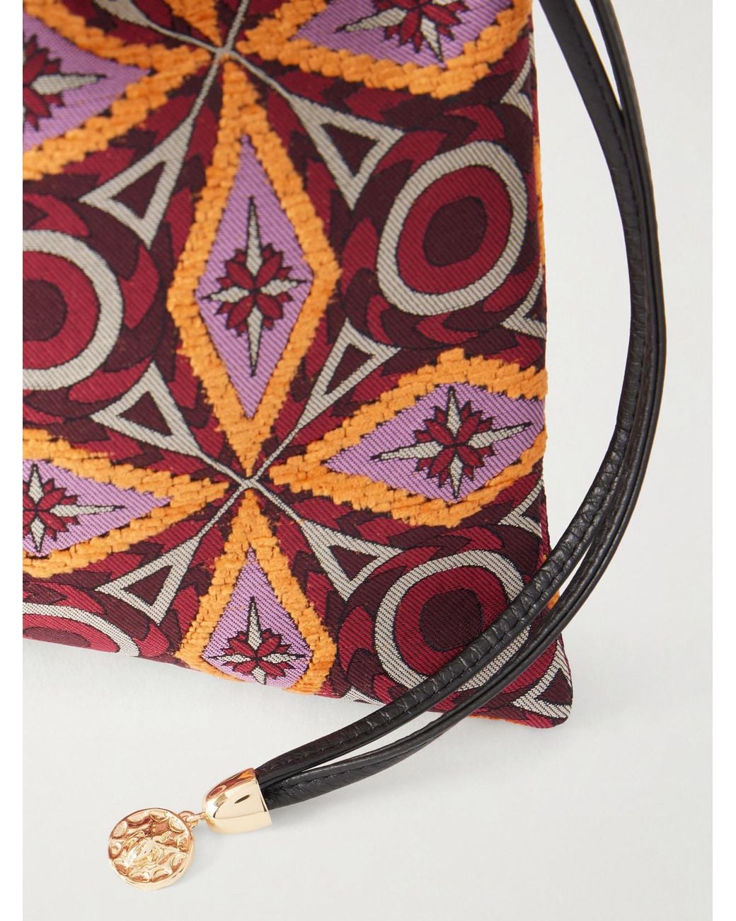 LaDoubleJ Red Drawstring Leather-Trimmed Jacquard-Knit Clutch
