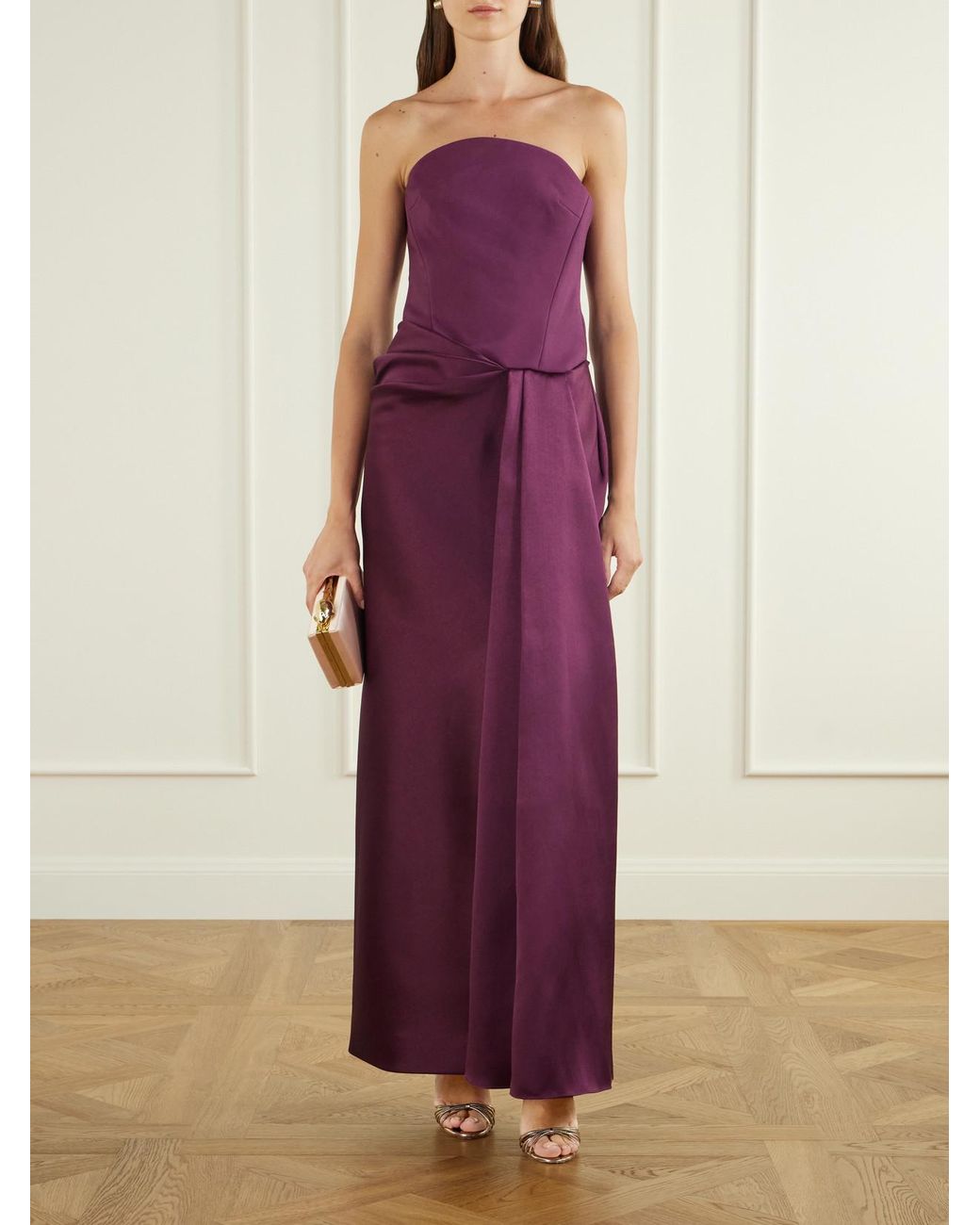 Solace London Purple Seri Strapless Twill And Crepe Gown