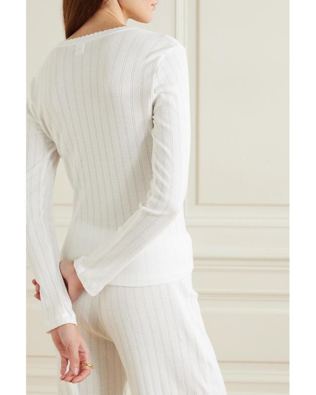 Leset White Pointelle-Knit Cotton-Jersey Top