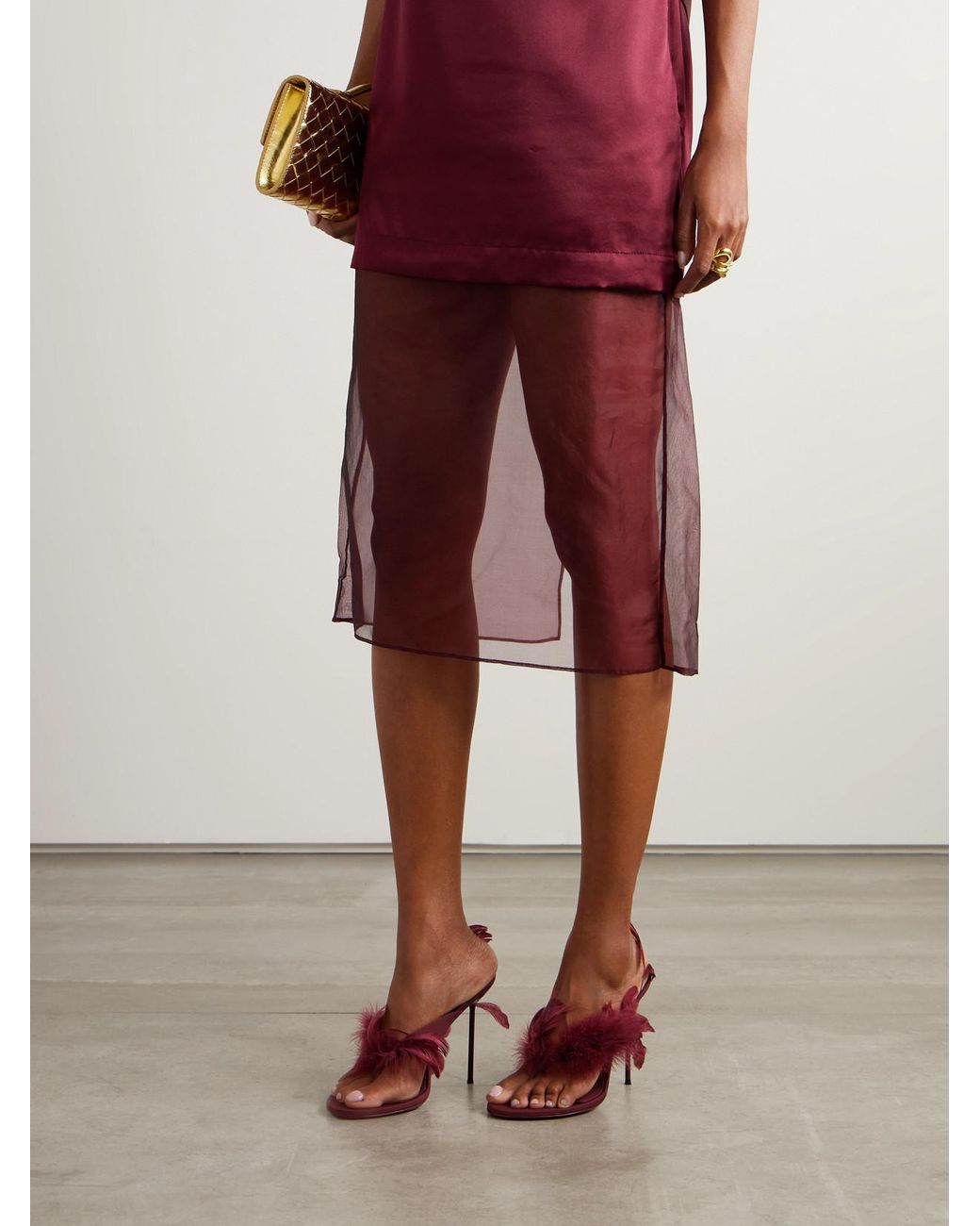 Paris Texas Red Lidia Feather-Trimmed Leather Mules