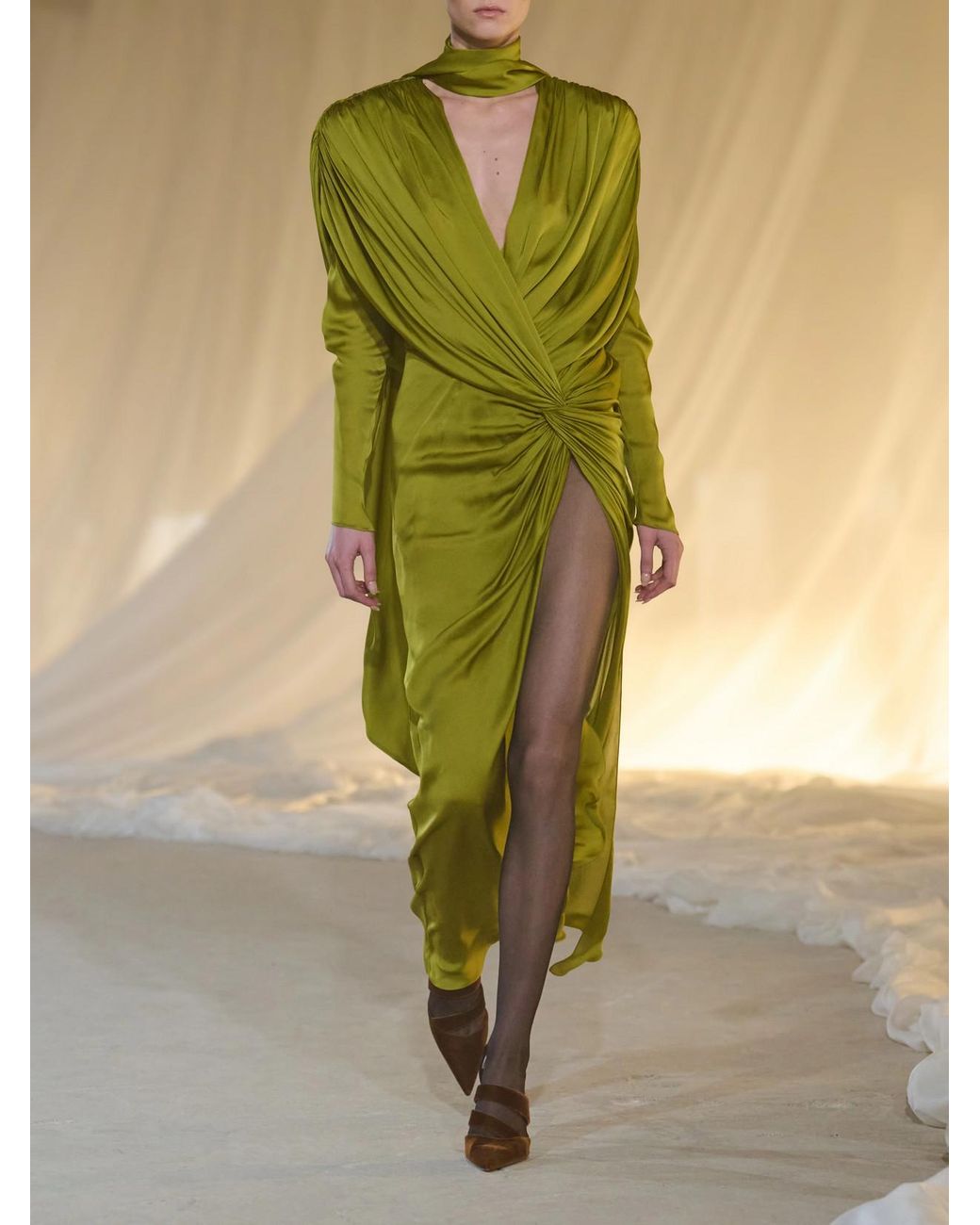 Balmain Green Draped Silk-Charmeuse Maxi Dress