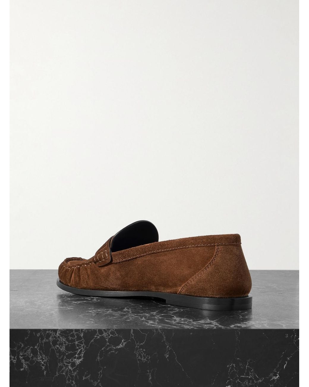 Saint Laurent Brown Laurent Cassandre-Embellished Suede Penny Loafers