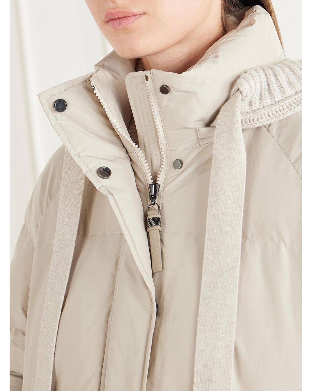Brunello Cucinelli Natural Hooded Quilted Padded Cashmere-Trimmed Cotton-Blend Shell Jacket