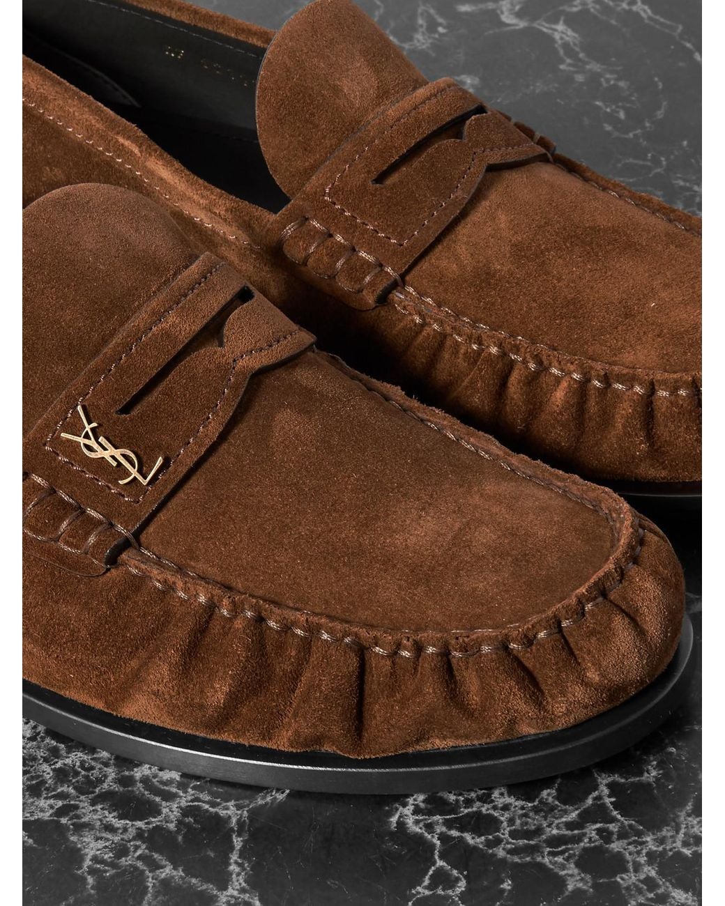 Saint Laurent Brown Laurent Cassandre-Embellished Suede Penny Loafers
