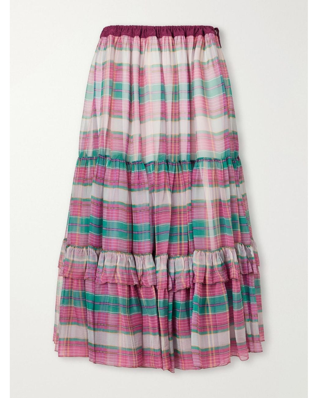 Chloé White Drawstring Ruffled Checked Silk-Mousseline Maxi Skirt