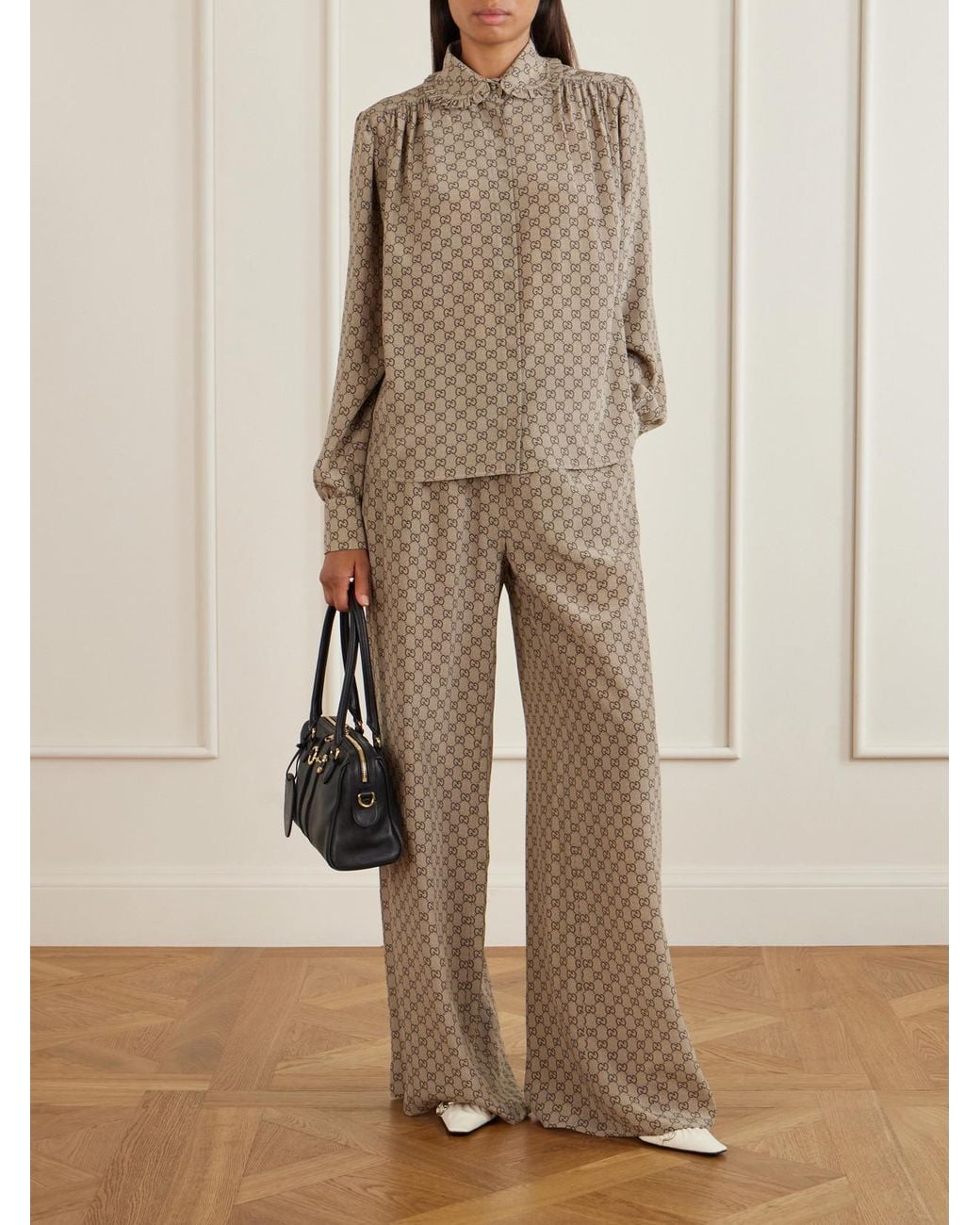 Gucci Natural Gg Supreme Printed Silk Wide-Leg Pants