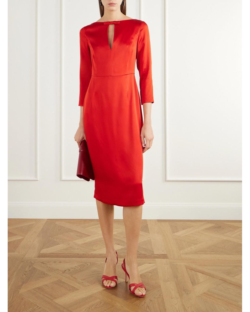 BERNADETTE Red Eleni Bow-Detailed Satin Midi Dress