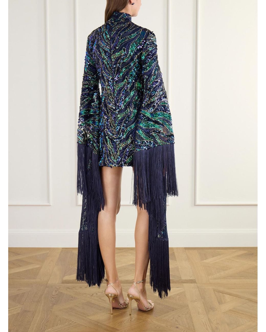 Taller Marmo Blue Disco Dragon Sequin-Embellished Fringe-Trimmed Mesh Mini Dress