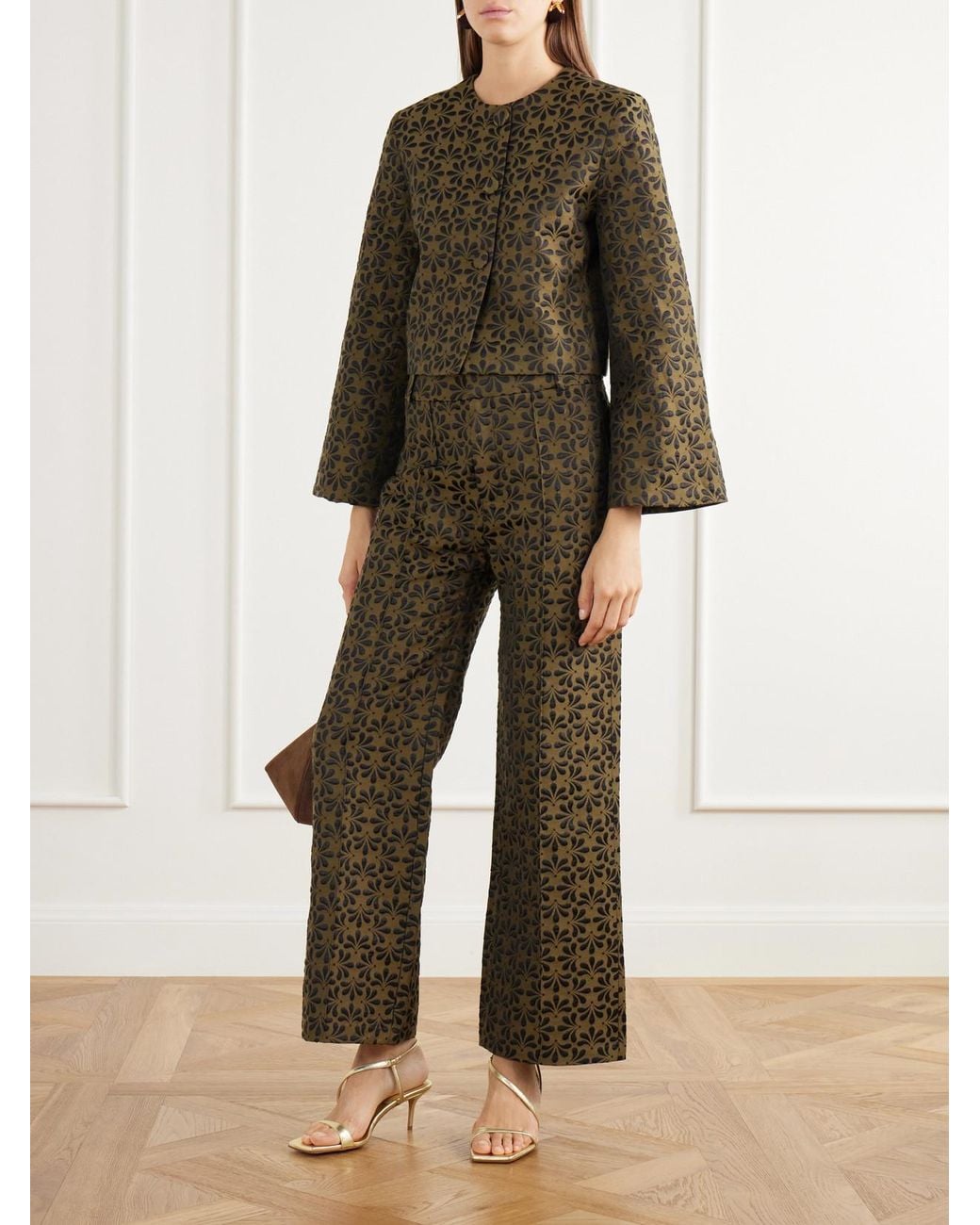 D'Estree Green Ruby Cropped Floral-Jacquard Cotton-Blend Twill Jacket