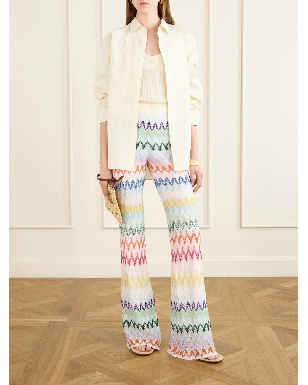 Missoni White Striped Metallic Crochet-Knit Flared Pants