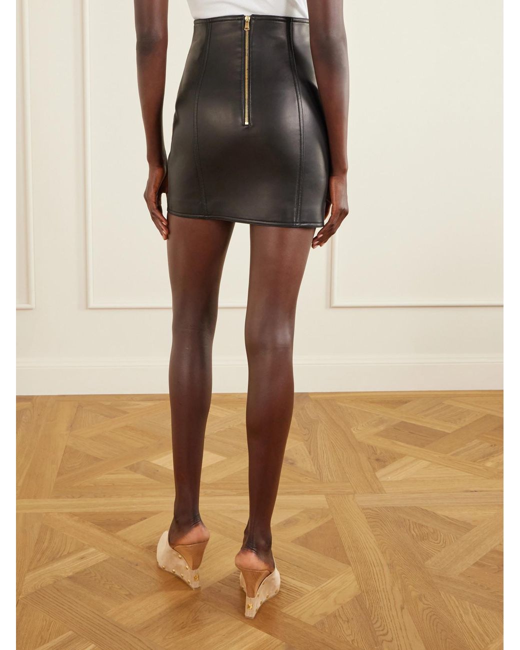 Balmain Black Paneled Leather Mini Skirt