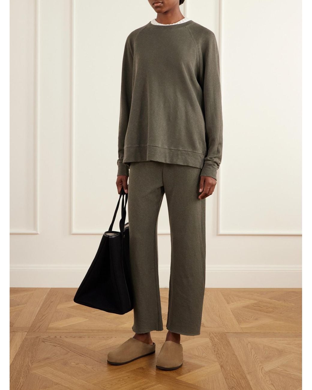 James Perse Green Cropped Brushed Cotton-Terry Track Pants
