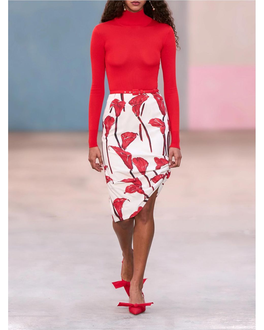 Carolina Herrera Red Asymmetrical Floral-Print Cady Midi Skirt