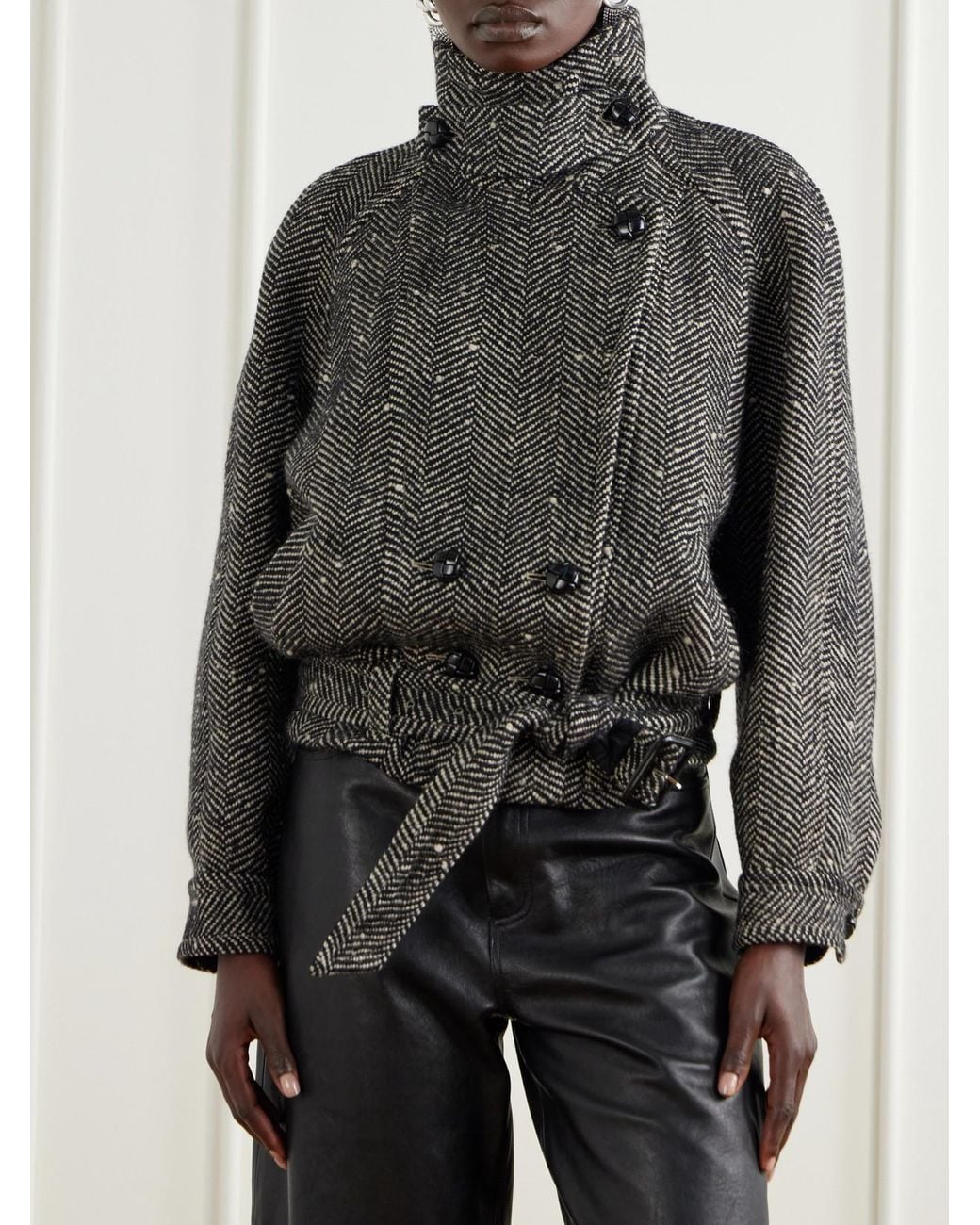 Isabel Marant Gray Elvane Belted Herringbone Wool-Blend Coat