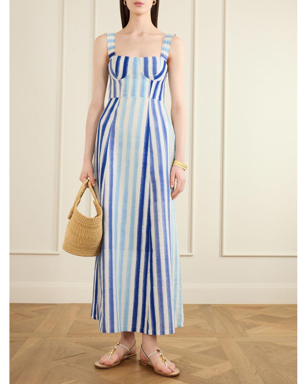 Emporio Sirenuse Blue Azzurra Ikat Striped Cotton Midi Dress