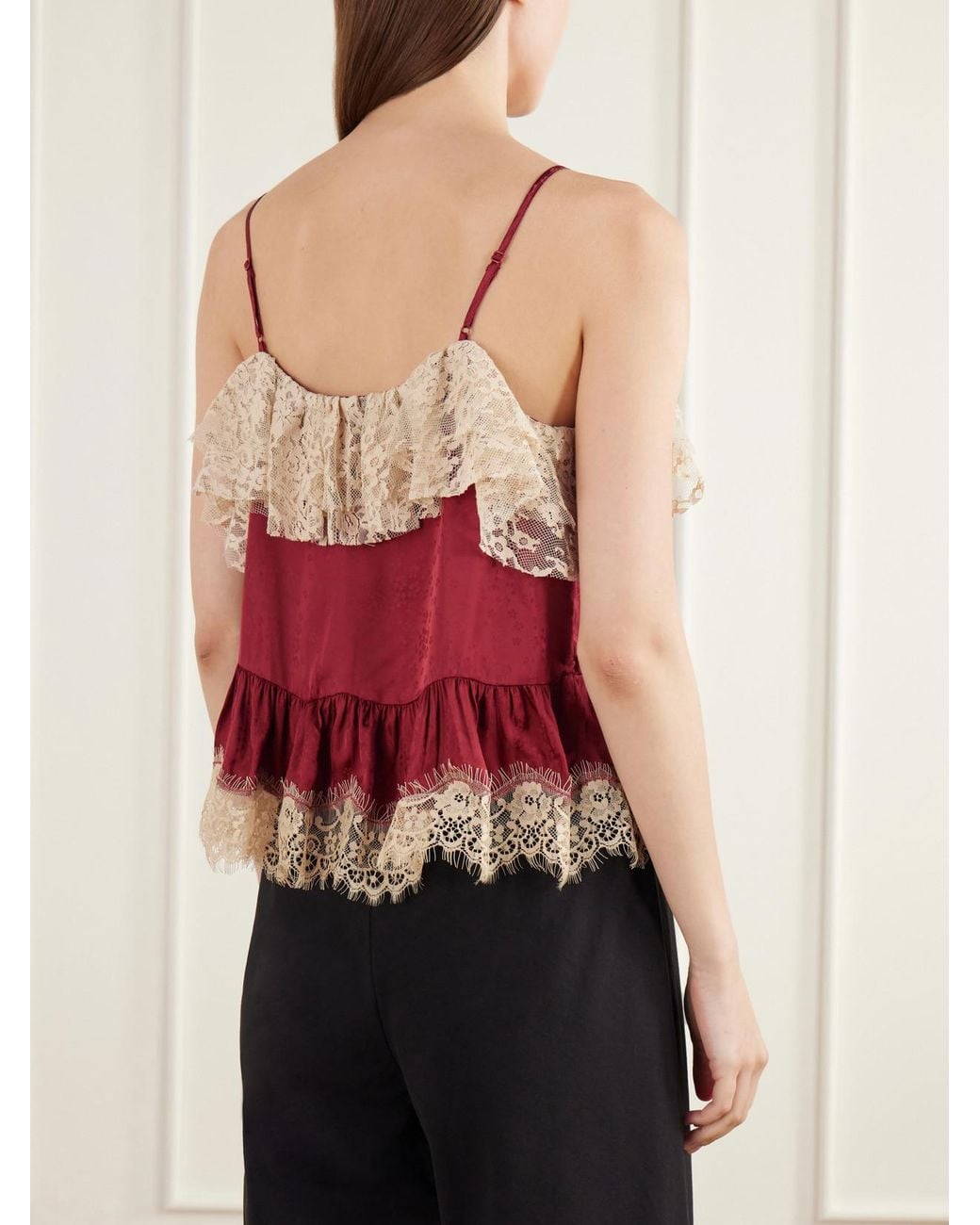 Sea Red Ethel Ruffled Lace-Trimmed Floral-Jacquard Satin Cami