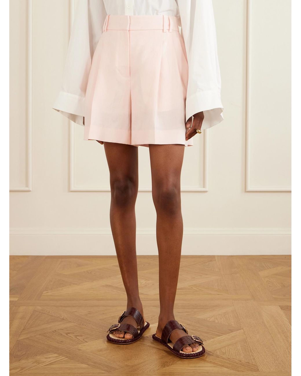 Another Tomorrow Pink Pleated Linen Shorts