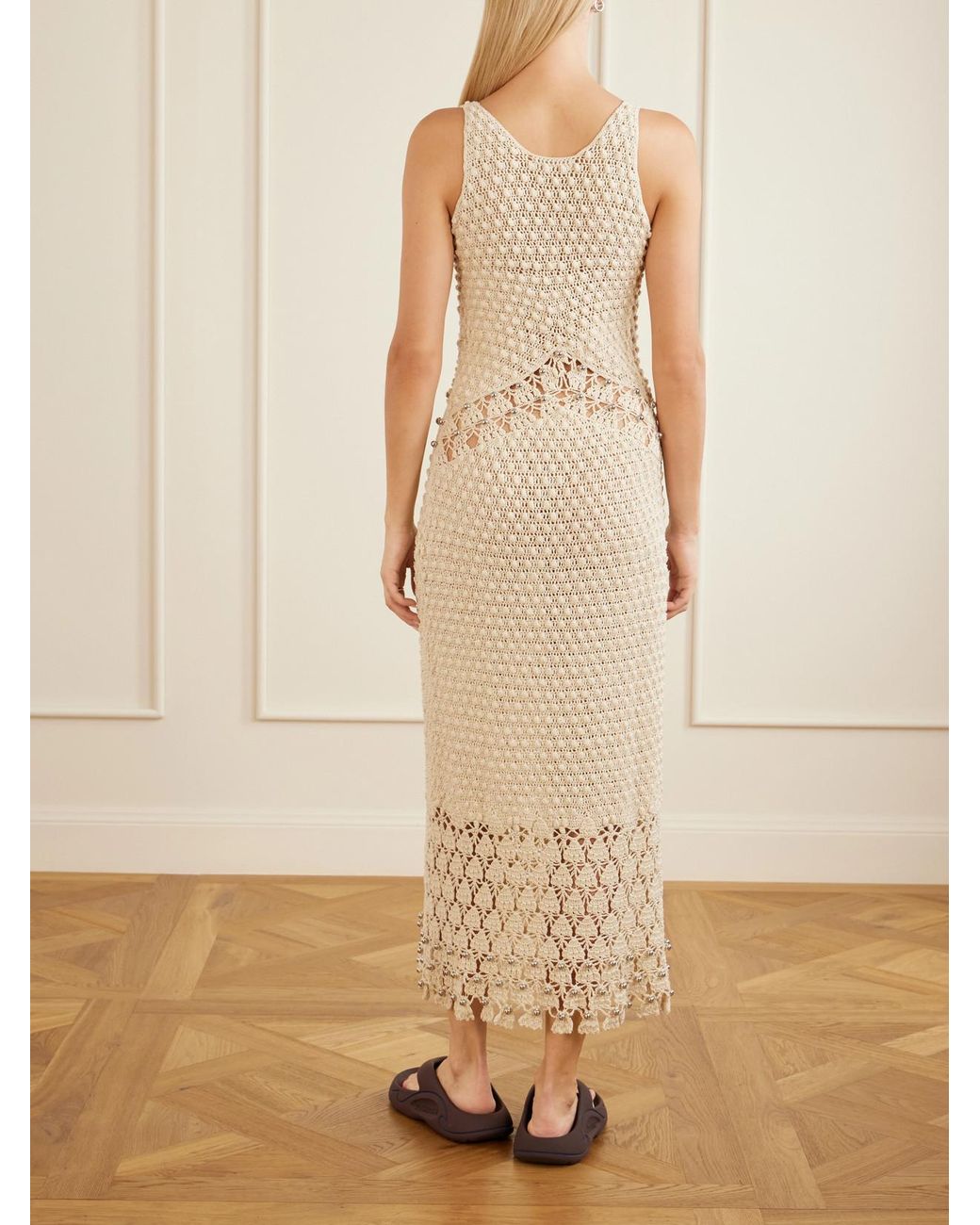 Rabanne Natural Embellished Crocheted Cotton Midi Dress