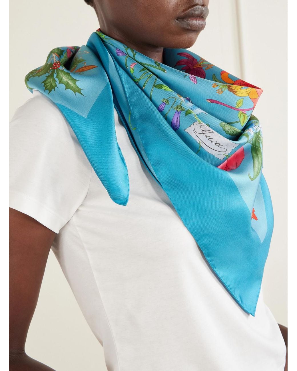 Gucci Blue Flora Floral-Print Silk-Twill Scarf
