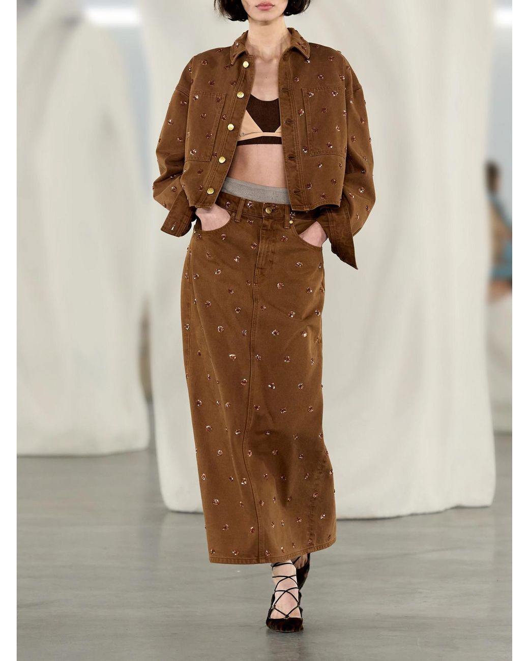 Ulla Johnson Brown The Bobbi Cropped Sequin-Embellished Denim Jacket