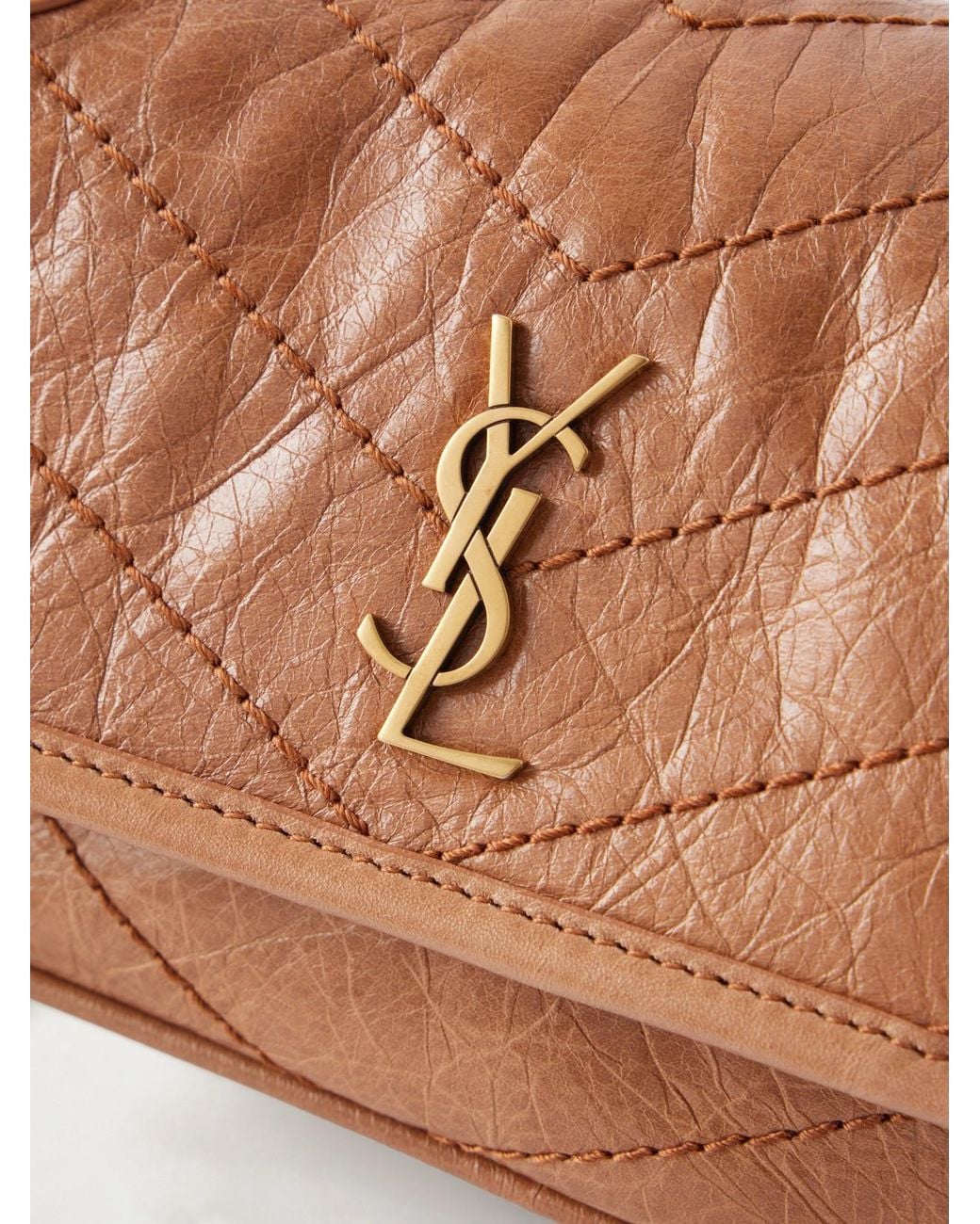 Saint Laurent Brown Niki Mini Cassandre-Embellished Crinkled-Leather Shoulder Bag