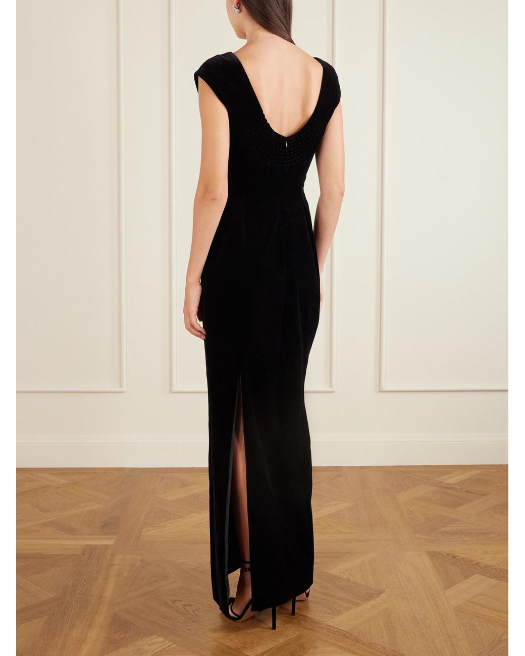 Colleen Allen Black Shirred Cotton-Velvet Gown