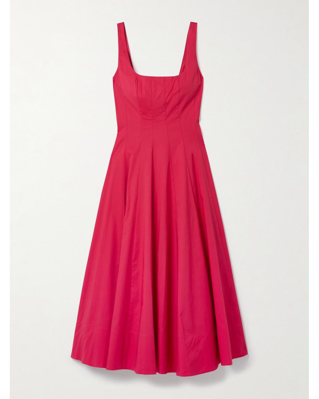 STAUD Wells Pleated Cotton-Blend Poplin Midi Dress in Pink | Lyst