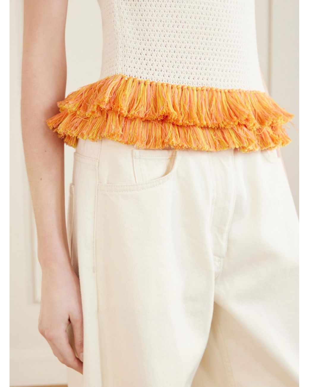 Escvdo Natural Amada Fringed Crocheted Cotton Tank