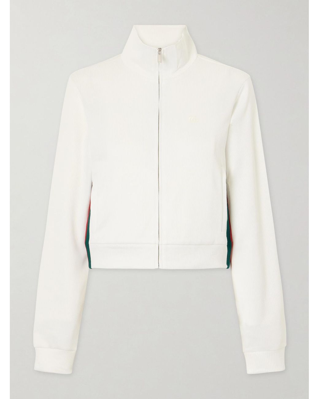 Gucci White Webbing-Trimmed Ribbed Zip-Up Jacket
