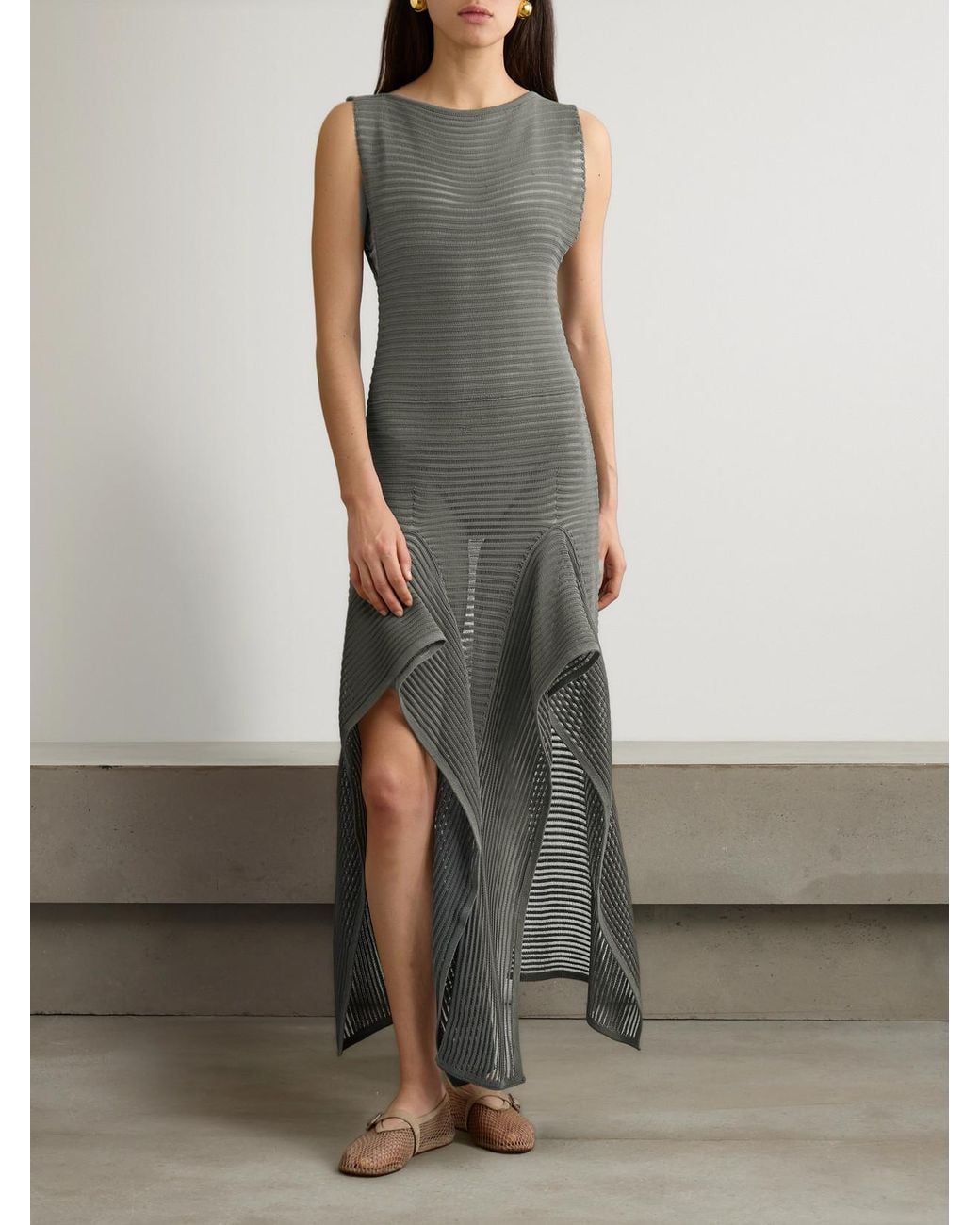 Alaïa Gray Ruffled Ribbed Open-Knit Cotton-Blend Midi Dress