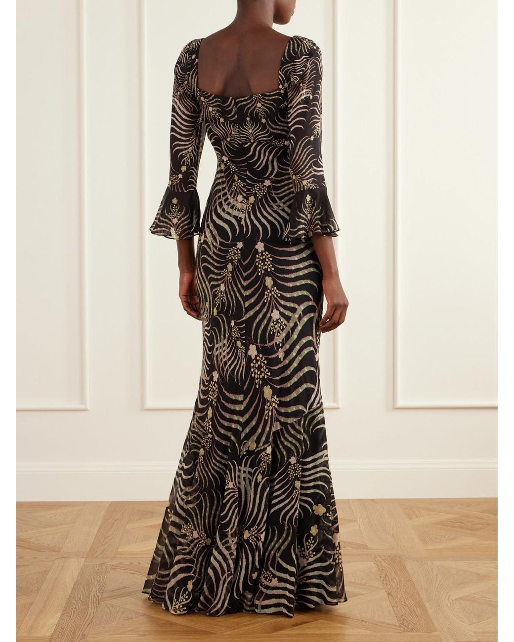 Saloni Black Willa Printed Silk-Chiffon Gown