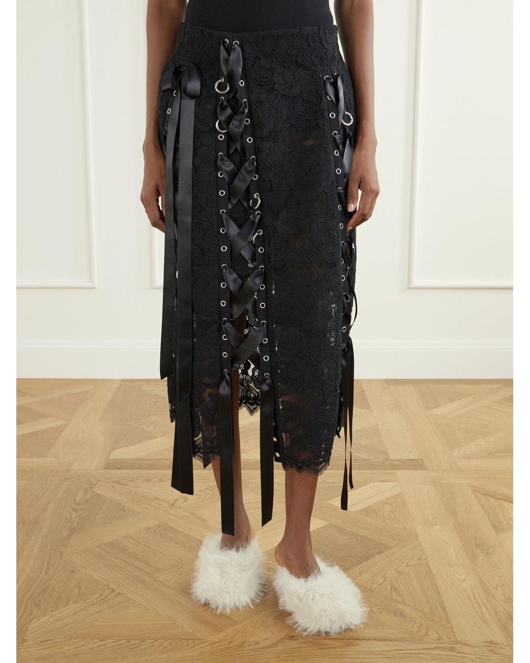Simone Rocha Black Unraveling Ribbon Ring Asymmetric Embellished Lace And Satin Midi Skirt