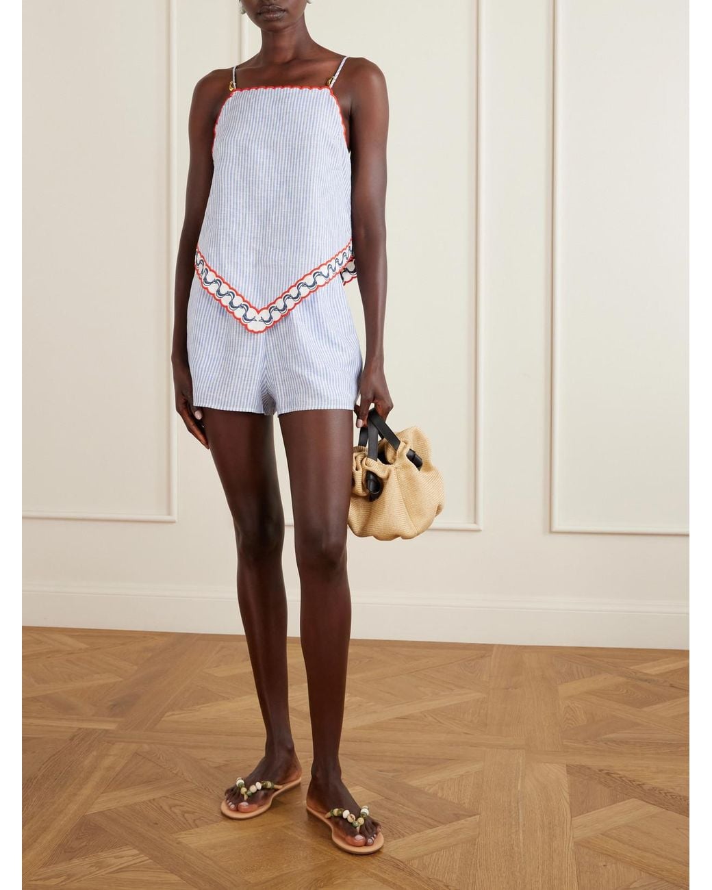 Farm Rio Blue Embroidered Striped Camisole
