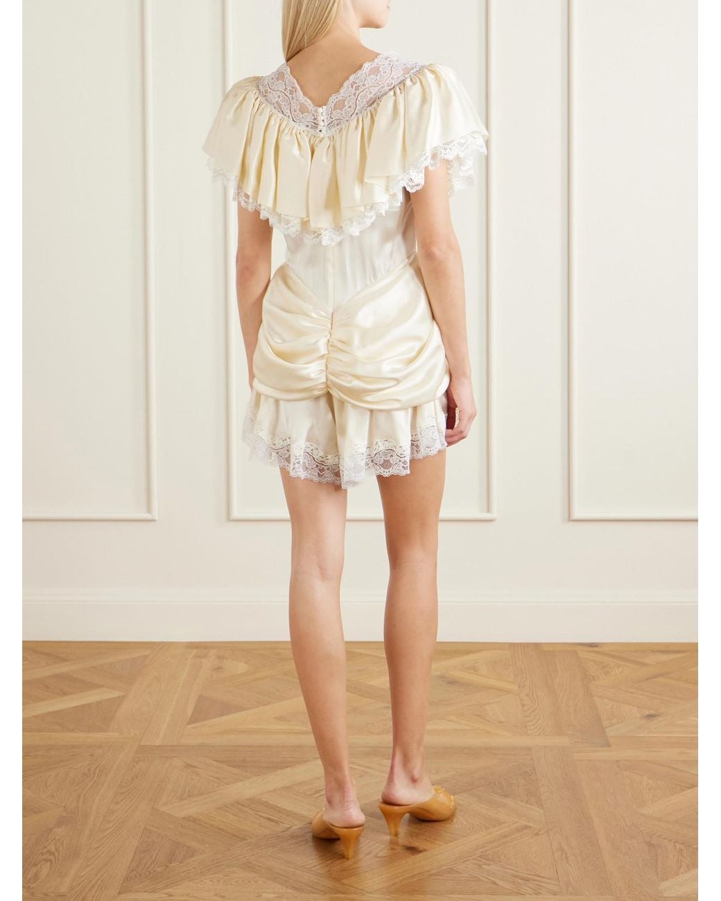 Chloé Natural Ruffled Lace-Trimmed Silk-Satin Playsuit