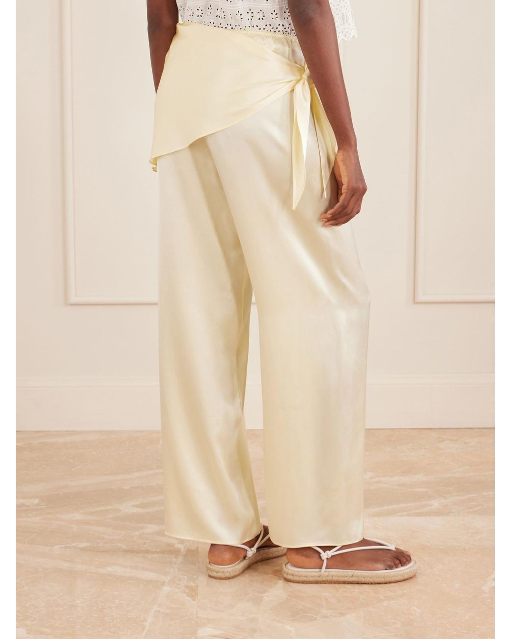 Doen Natural Lavona Tie-Detailed Silk-Satin Wide-Leg Pants