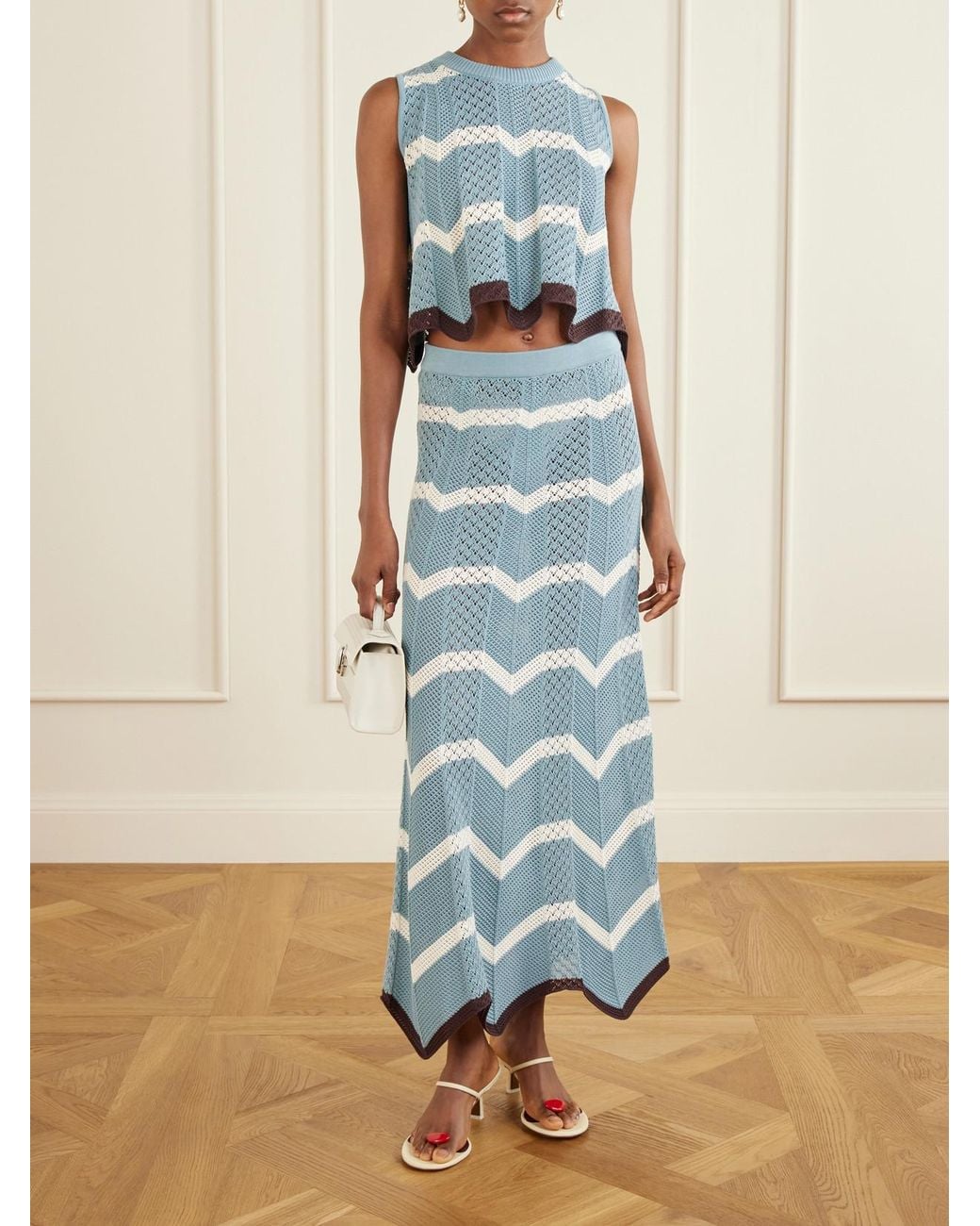 LaDoubleJ Blue Scalloped Striped Pointelle-Knit Cotton Tank
