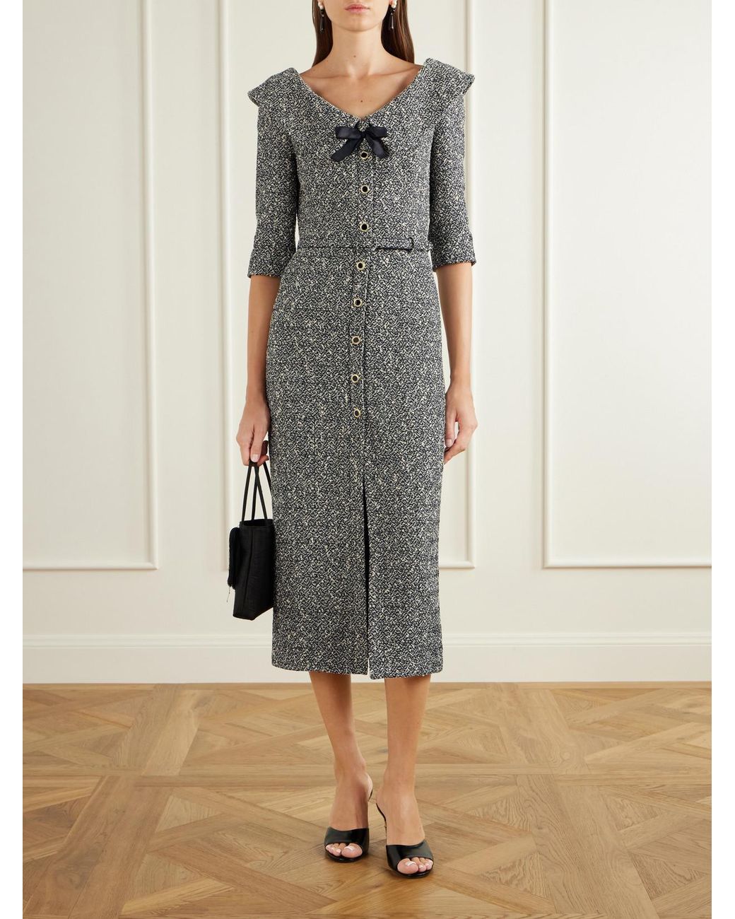 Alessandra Rich Gray Bow-Detailed Silk-Trimmed Tweed Midi Dress