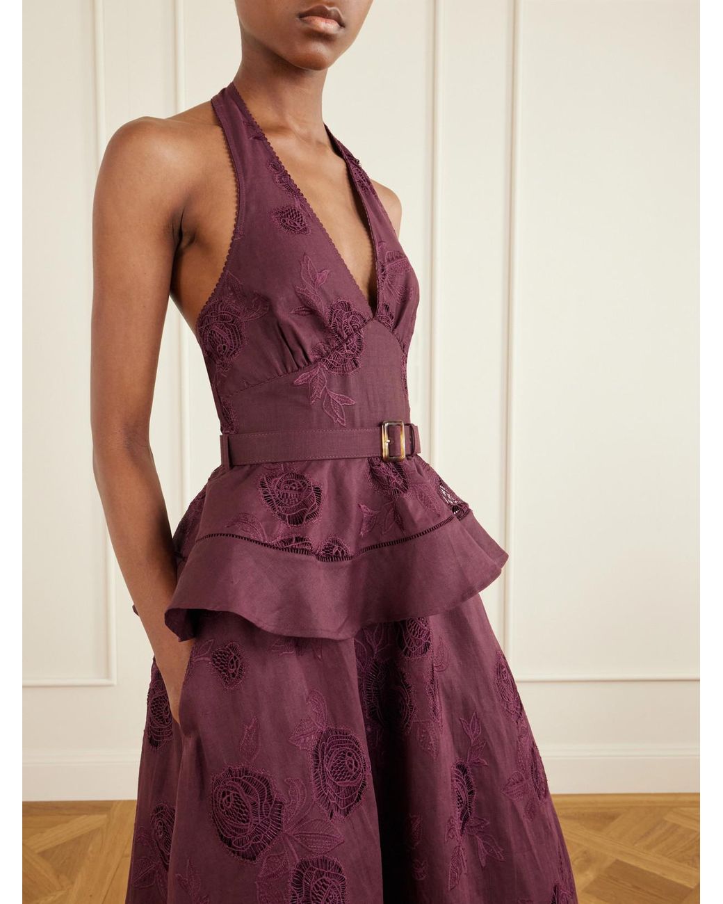 Self-Portrait Purple Belted Broderie Anglaise-Trimmed Linen And Cotton-Blend Peplum Midi Dress