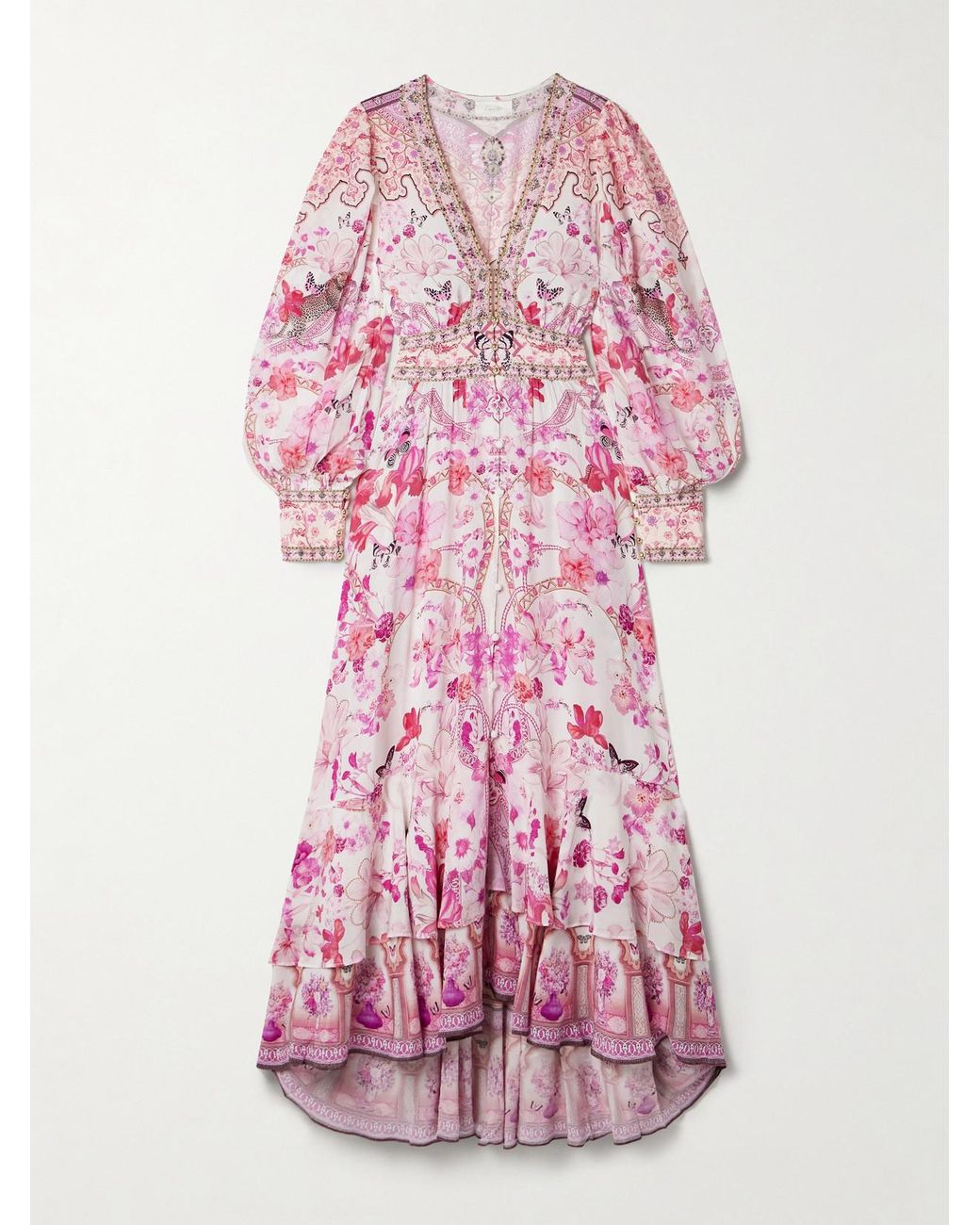 CAMILLA Crystal-Embellished Printed Silk Maxi Dress in Pink