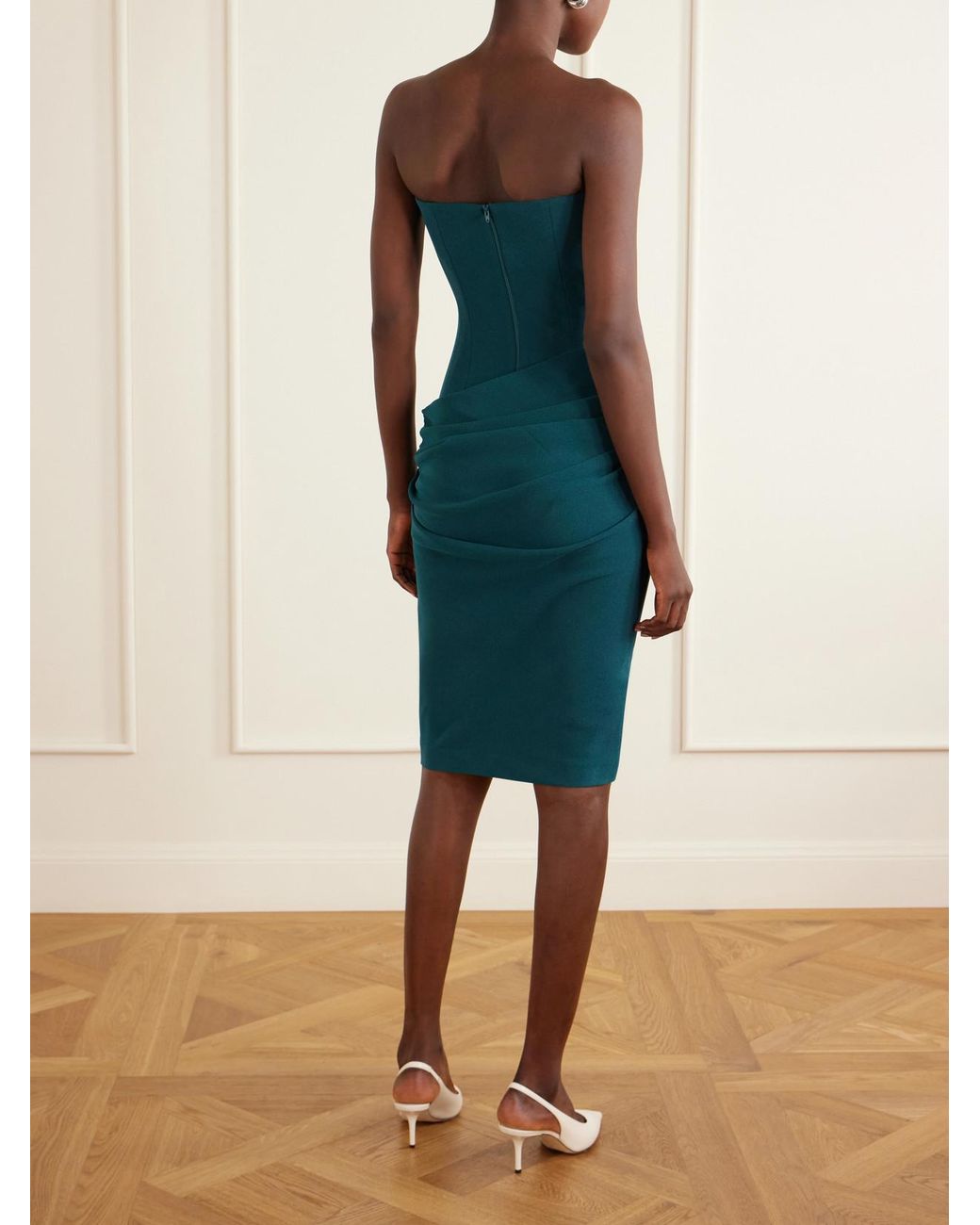 Alex Perry Green Strapless Draped Crepe Midi Dress