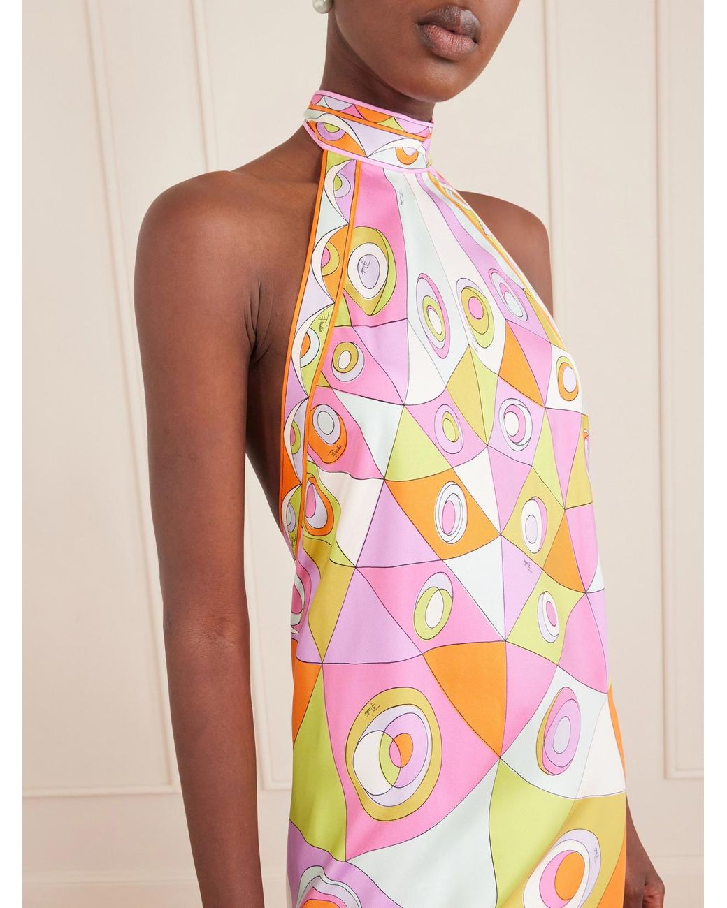 Emilio Pucci White Asymmetric Printed Silk-Twill Halterneck Midi Dress