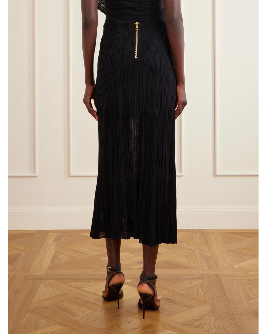 Balmain Black Plissé-Crepe Midi Skirt