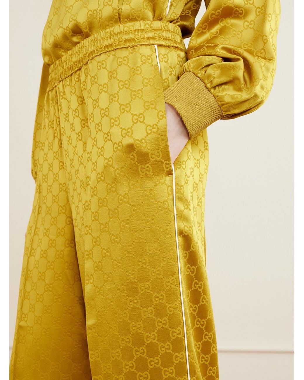 Gucci Yellow Satin-Jacquard Straight-Leg Pants