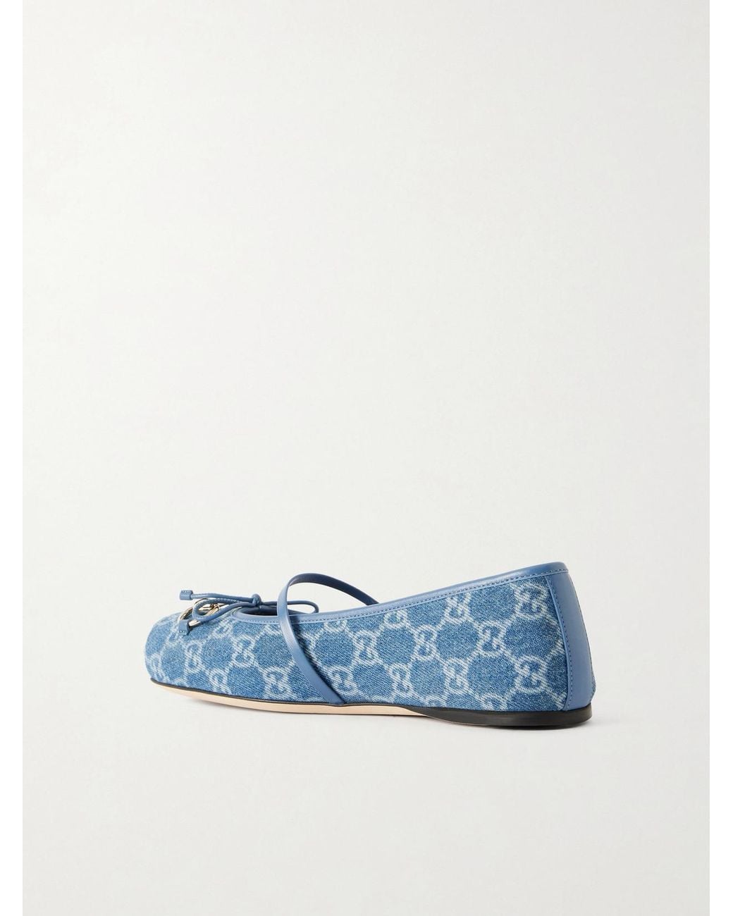 Gucci Blue Horsebit Ballerina Leather-Trimmed Denim Flats