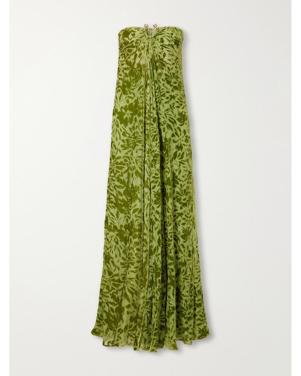 Cult Gaia Green Renay Strapless Embellished Gathered Devoré Bustier Maxi Dress