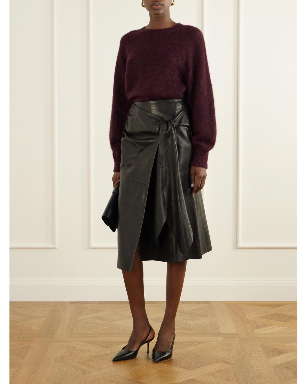 Nour Hammour Black Viret Knotted Paneled Leather Midi Skirt